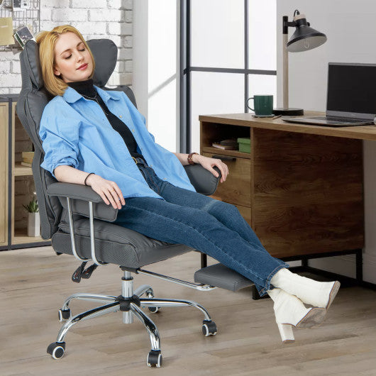 Adjustable Swivel Office Chair with Reclining Backrest and Retractable Footrest-Gray