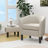 Barrel Club Chair with Ottoman Set Linen Fabric Accent Chair with Footrest-Beige