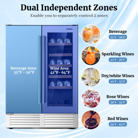 2-in-1 Beverage and Wine Cooler with Independent Temperature Control and LED Lights-Silver