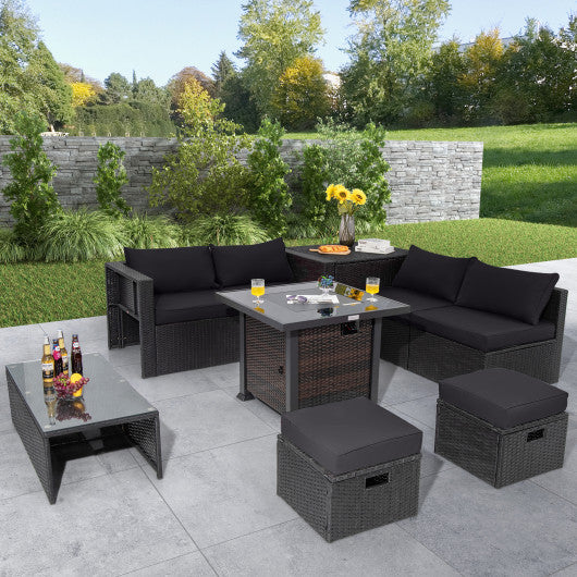 9 Pieces Patio Furniture Set with 32” Fire Pit Table and 50000 BTU Square Propane Fire Pit-Black