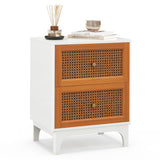 Boho Accent Table Nightstand with 2 Handwoven Rattan Decorated Drawers-White