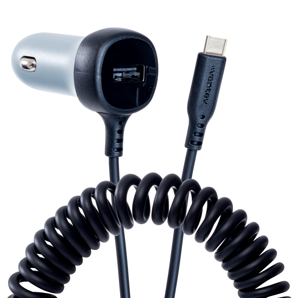 Ventev 12W USB A Car Charger w/ attached 15W USB C Cord by Ventev