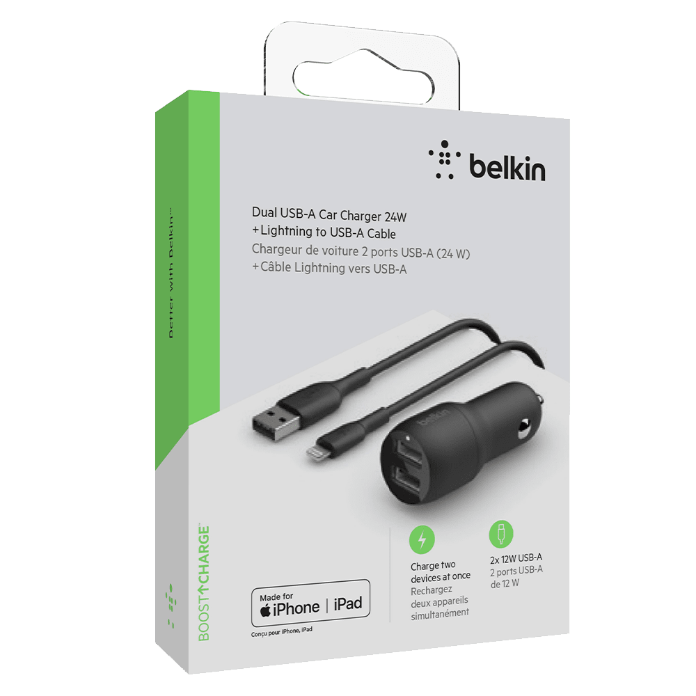 Belkin Boost Up Charge Dual Port USB A Car Charger 24W with Apple Lightning Cable 3ft by Belkin