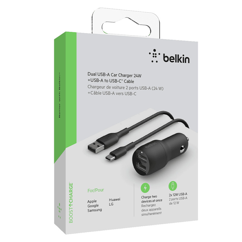 Belkin Dual Port USB A Car Charger 24W with USB A to USB C Cable 3ft by Belkin