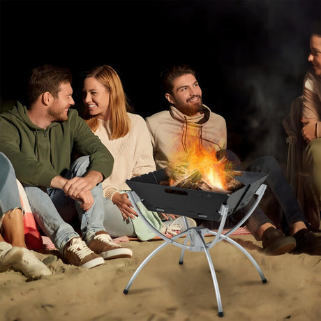 3-in-1 Camping Campfire Grill with Stainless Steel Grills Carrying Bag & Gloves-Silver