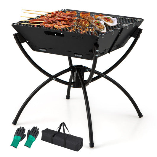 3-in-1 Camping Campfire Grill with Stainless Steel Grills Carrying Bag & Gloves-Black