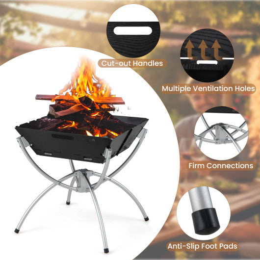 3-in-1 Camping Campfire Grill with Stainless Steel Grills Carrying Bag & Gloves-Silver