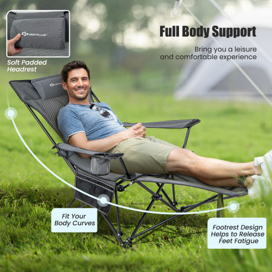 Camping Lounge Chair with Detachable Footrest Adjustable Backrest-Gray