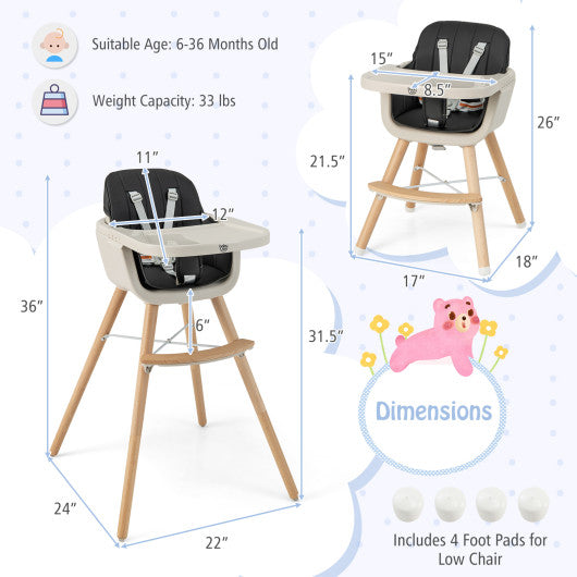 3-in-1 Convertible Wooden High Chair with Cushion-Black