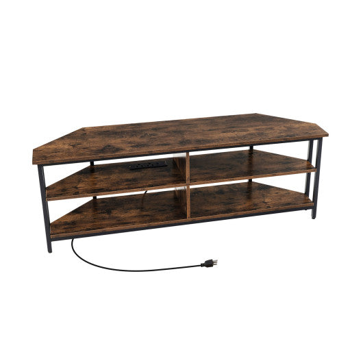 3-Tier Corner TV Stand for TVs up to 65 Inches with Charging Station- Rustic Brown