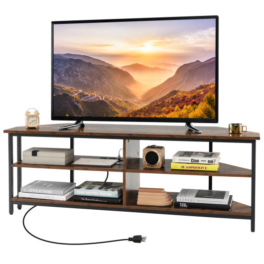 3-Tier Corner TV Stand for TVs up to 65 Inches with Charging Station- Rustic Brown