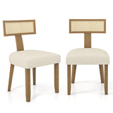 Set of 2 Linen Fabric Upholstered Accent Dining Chairs with Curved Rattan Backrests-Beige