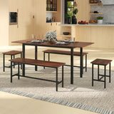 5 Piece Dining Table Set for 4-6 with 2 Benches & 2 Stools for Kitchen Dining Room-Walnut