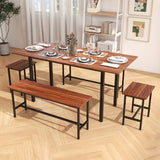 5 Piece Dining Table Set for 4-6 with 2 Benches & 2 Stools for Kitchen Dining Room-Walnut