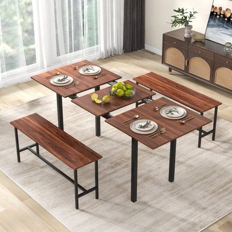 3 Piece Dining Table Set for 4-6 with 2 Benches-Walnut