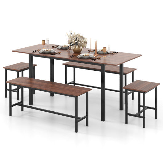 5 Piece Dining Table Set for 4-6 with 2 Benches & 2 Stools for Kitchen Dining Room-Walnut