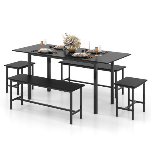 5 Piece Dining Table Set for 4-6 with 2 Benches & 2 Stools for Kitchen Dining Room-Black