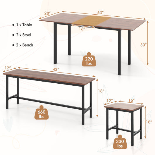 5 Piece Dining Table Set for 4-6 with 2 Benches & 2 Stools for Kitchen Dining Room-Walnut