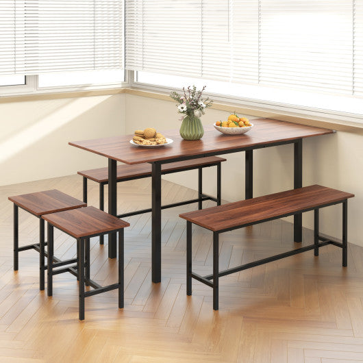 5 Piece Dining Table Set for 4-6 with 2 Benches & 2 Stools for Kitchen Dining Room-Walnut