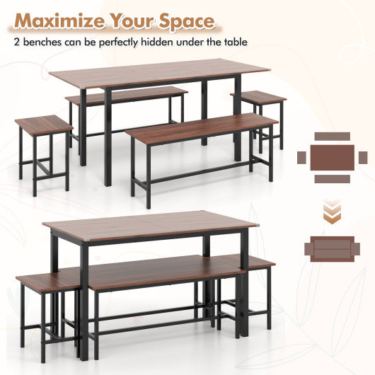 5 Piece Dining Table Set for 4-6 with 2 Benches & 2 Stools for Kitchen Dining Room-Walnut