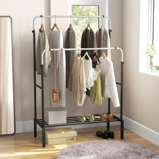 Double Rod Clothes Garment Rack with Adjustable Heights-Silver