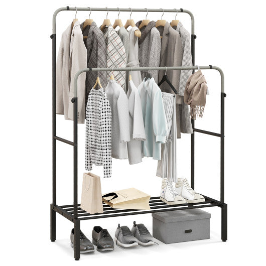 Double Rod Clothes Garment Rack with Adjustable Heights-Silver