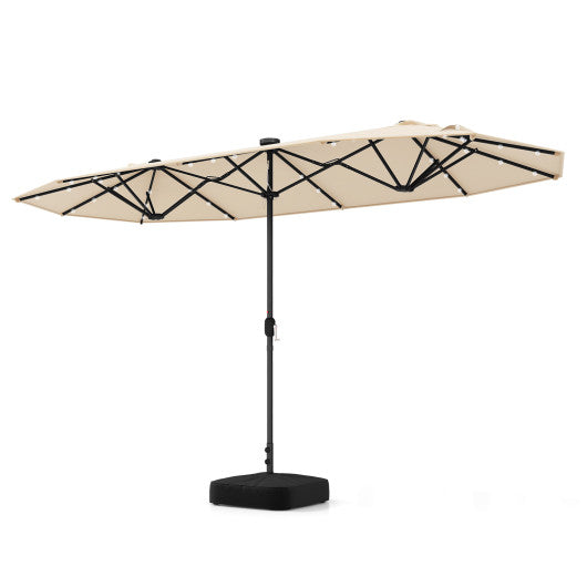 13FT Double-sided Patio Umbrella with Solar Lights for Garden Pool Backyard-Beige
