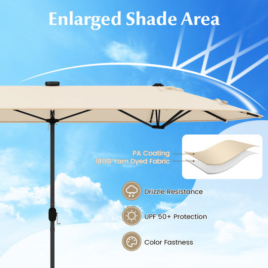 13FT Double-sided Patio Umbrella with Solar Lights for Garden Pool Backyard-Beige
