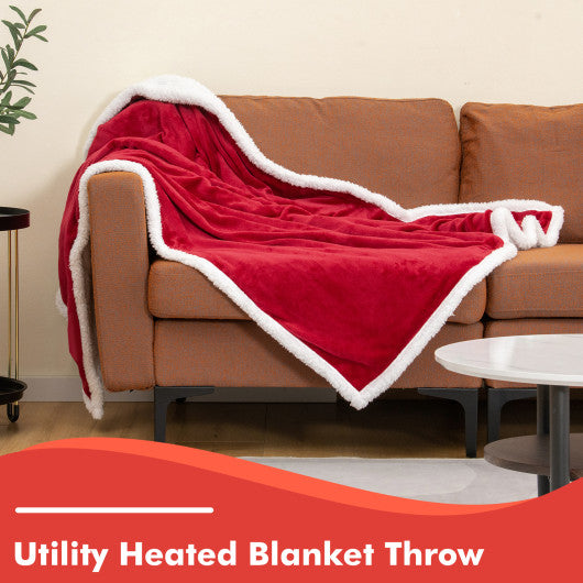 Electric Heated Blanket Throw Reversible Flannel and Sherpa Blanket-Red