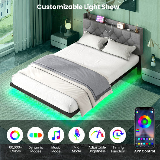 Full/Queen Size Floating Bed Frame with LED and Headboard and Charging Station-Full Size