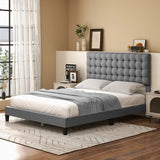 Queen Size Upholstered Platform Bed with Square Stitched Headboard