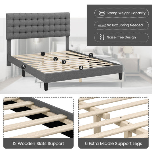 Queen Size Upholstered Platform Bed with Square Stitched Headboard