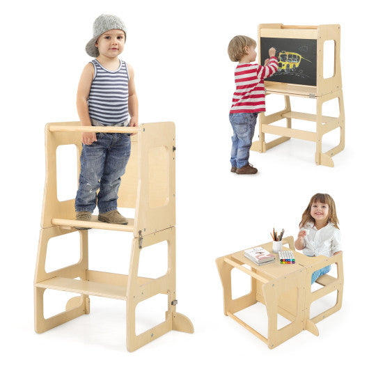 3-in-1 Foldable Kitchen Standing Tower for Toddlers with Chalkboard-Natural