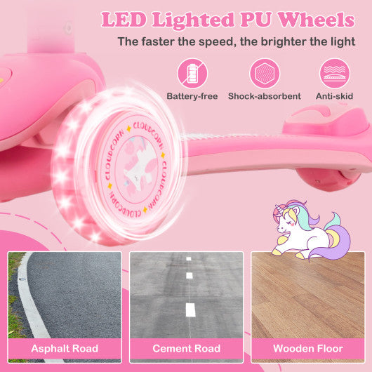 Folding Kids Scooter with Extra Wide Deck and LED Lighted PU Wheels-Pink