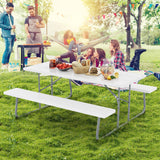 Folding Picnic Table Set with Metal Frame and All-Weather HDPE Tabletop  Umbrella Hole-White
