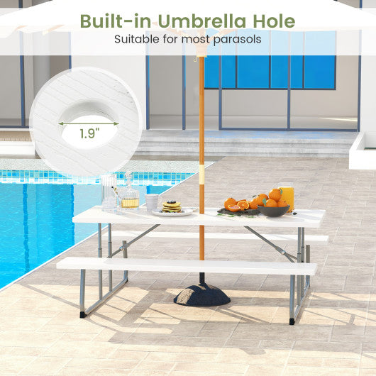 Folding Picnic Table Set with Metal Frame and All-Weather HDPE Tabletop  Umbrella Hole-White