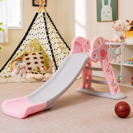 3-in-1 Folding Slide Playset with Basketball Hoop and Small Basketball-Pink