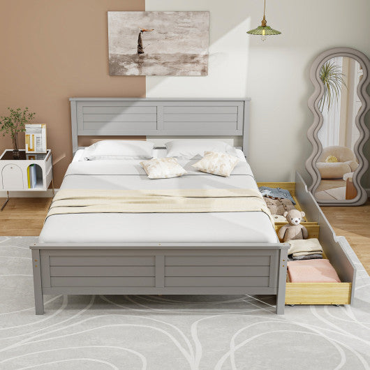 Full Size Bed Frame with Storage Drawers and Solid Wood Headboard-Gray