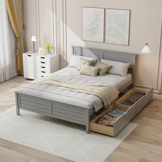 Full Size Bed Frame with Storage Drawers and Solid Wood Headboard-Gray