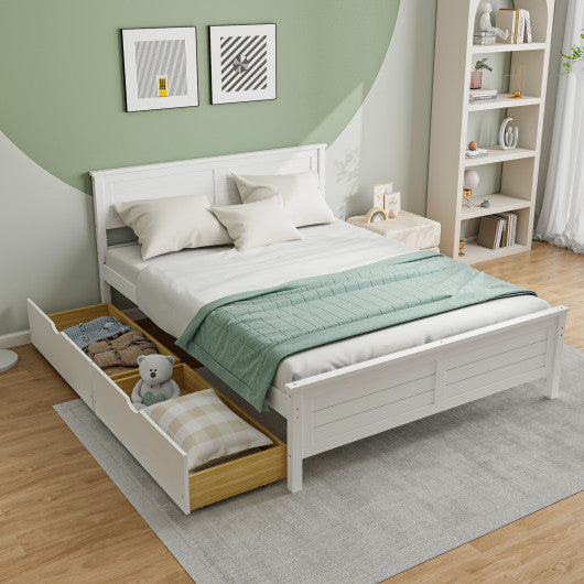 Full Size Bed Frame with Storage Drawers and Solid Wood Headboard-White