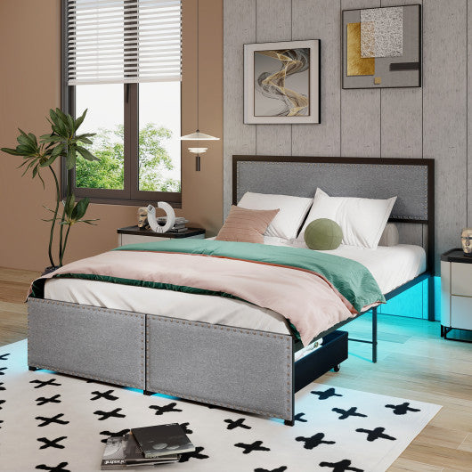 Full/Queen/Twin Size Bed Frame with LED Lights Drawer and Metal Slats-Full Size