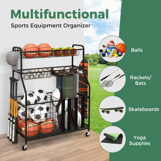 Garage Sports Equipment Organizer with Hooks & Baskets for Basketball-Black