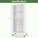 Glass Doors Storage Cabinet with Wheels and Adjustable Shelves-White