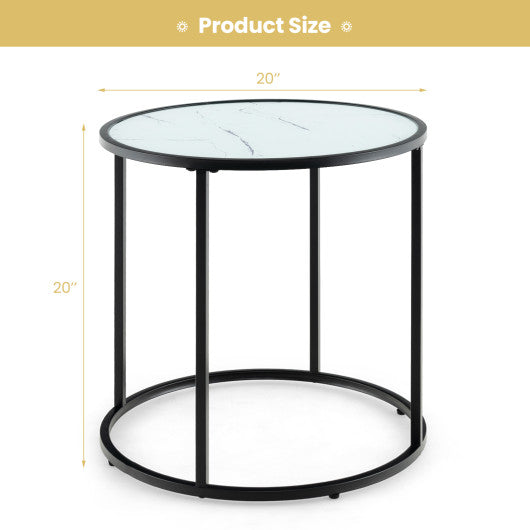 20" Glass End Table with Metal Frame and Faux Marble Glass Top-Black & White