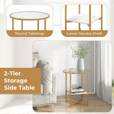 2-Tier Glass End Table Set of 2 with Faux Marble Storage Shelf-White
