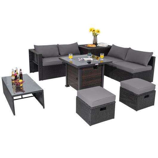 9 Pieces Patio Furniture Set with 32” Fire Pit Table and 50000 BTU Square Propane Fire Pit-Gray