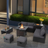 9 Pieces Patio Furniture Set with 32” Fire Pit Table and 50000 BTU Square Propane Fire Pit-Gray
