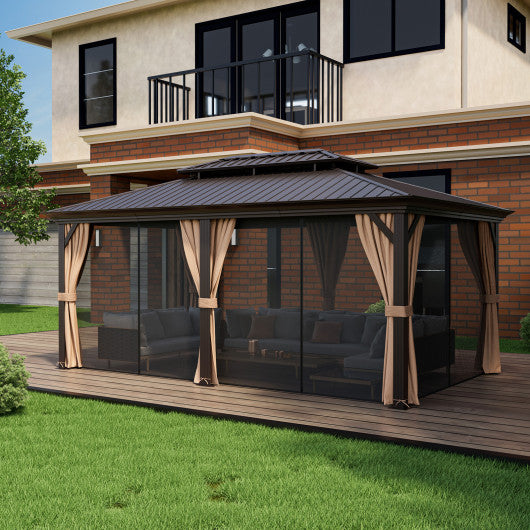 12' x 20' Double-Roof Hardtop Gazebo with Galvanized Steel Roof-Coffee