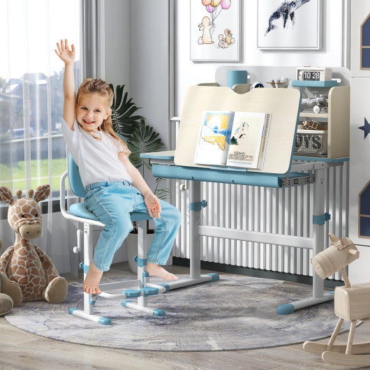 Height Adjustable Kids Study Desk with Tilt Desktop for 3-12 Years Old-Blue