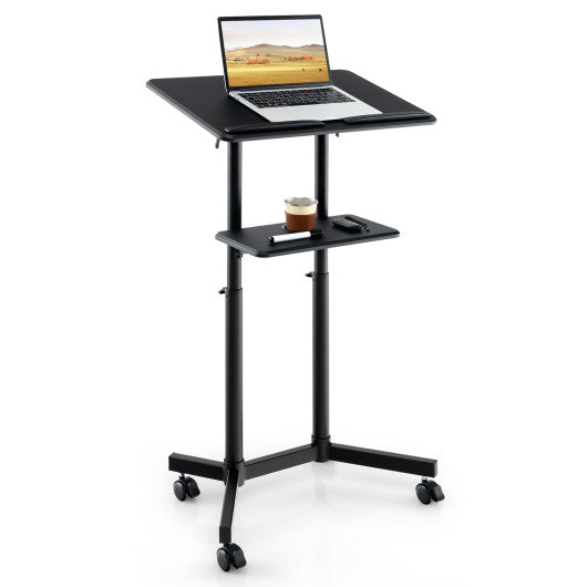 Mobile Lectern Podium Height-adjustable Rolling Laptop Cart with Tilting Top Storage Tray-Black